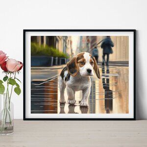 8x10 Beagle in the City Watercolor Oil Painting Print